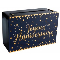 URNE OU TIRELIRE JOYEUX ANNIVERSAIRE BLEU NUIT ET OR 24 x 16 x 10 CM 