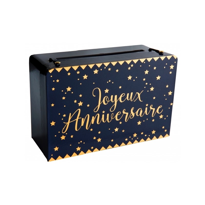 URNE OU TIRELIRE JOYEUX ANNIVERSAIRE BLEU NUIT ET OR 24 x 16 x 10 CM 