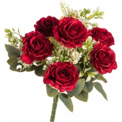 BOUQUET DE 6 ROSES ROUGES AVEC FEUILLAGES 43CM