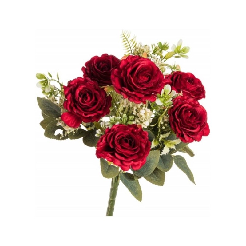 BOUQUET DE 6 ROSES ROUGES AVEC FEUILLAGES 43CM