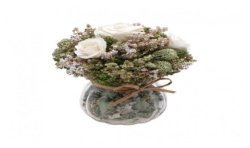 BOUQUET FLEURS BLANCHES MARGOT DANS VASE VERRE DIAMETRE 12CM X 15CM 