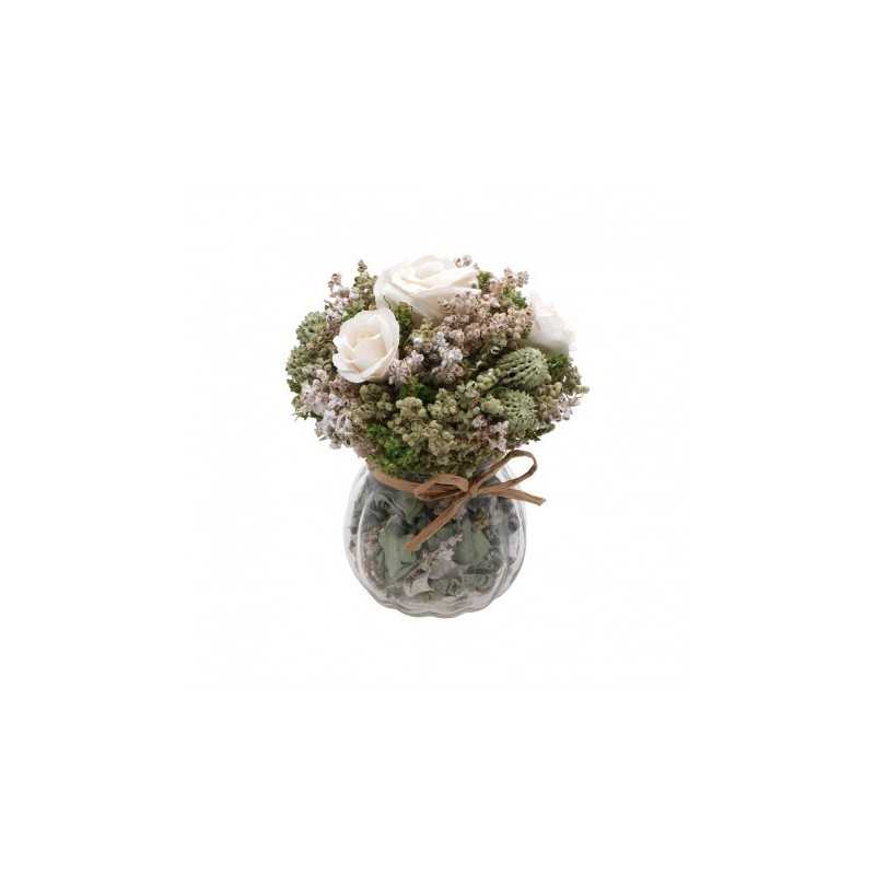 BOUQUET FLEURS BLANCHES MARGOT DANS VASE VERRE DIAMETRE 12CM X 15CM 