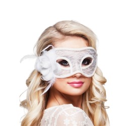 MASQUE LOUP VENITIEN BLANC DENTELLE AVEC PLUME BLANCHE