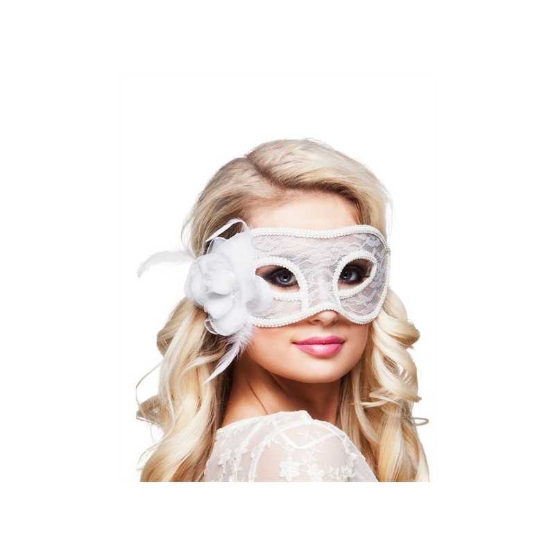 MASQUE LOUP VENITIEN BLANC DENTELLE AVEC PLUME BLANCHE