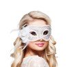 MASQUE LOUP VENITIEN BLANC DENTELLE AVEC PLUME BLANCHE