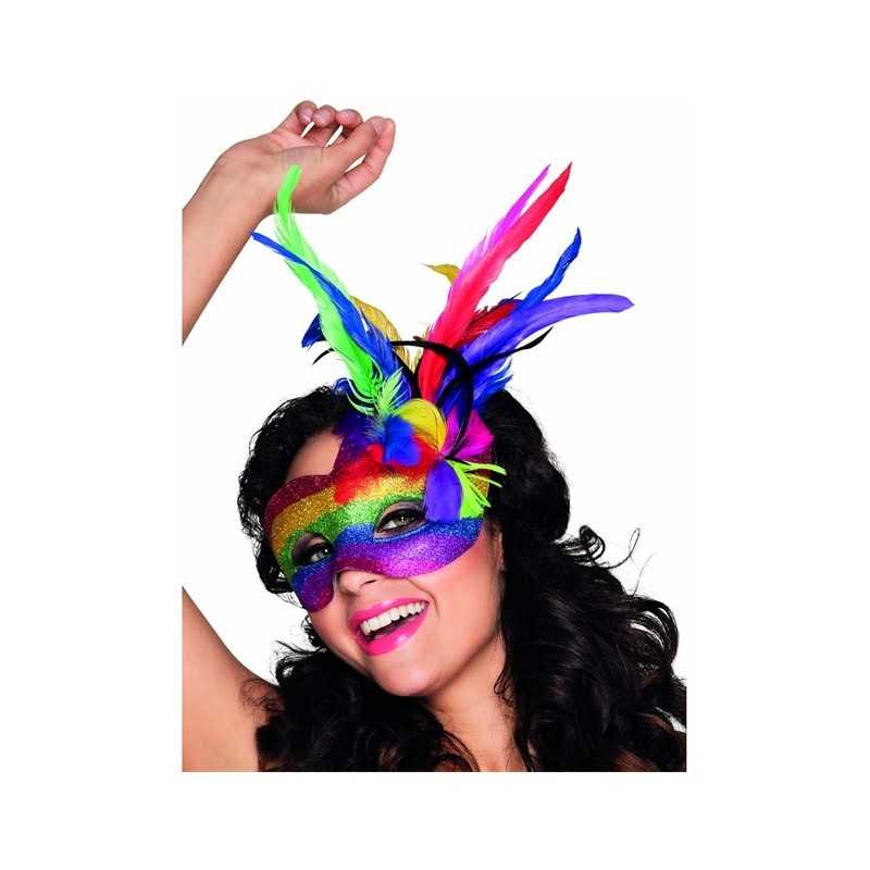 DEMI-MASQUE OU LOUP VENITIEN MULTICOLORE AVEC PLUMES DE COTE