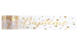 RUBAN TULLE BLANC BAPTEME EN OR 8 CM X 10 M