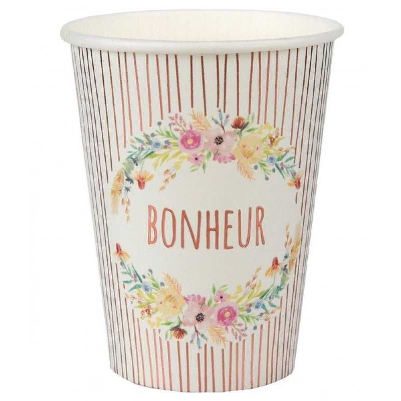 10 GOBELETS FLEURIS BONHEUR 25 CL 