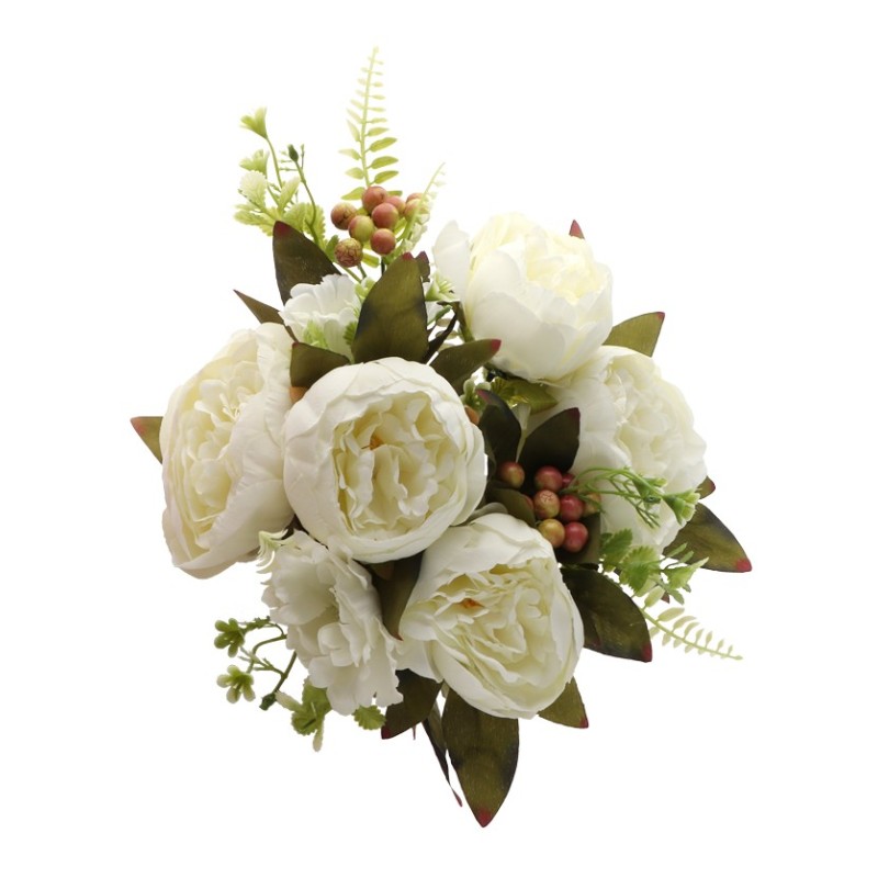 BOUQUET 7 FLEURS BLANCHES AVEC FEUILLAGE 43CM HT 