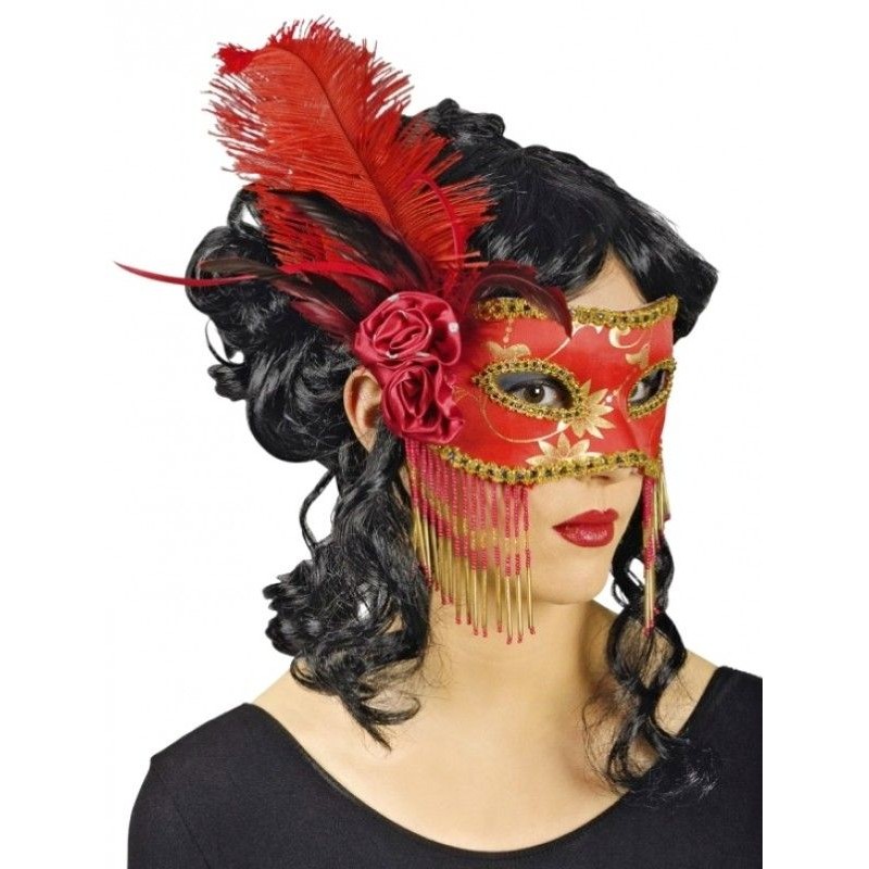 DEMI-MASQUE LOUP ROUGE ET OR AVEC PLUME