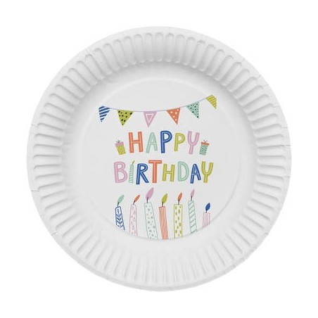 8 ASSIETTES HAPPY BIRHTDAY MULTICOLORES 23 CM 