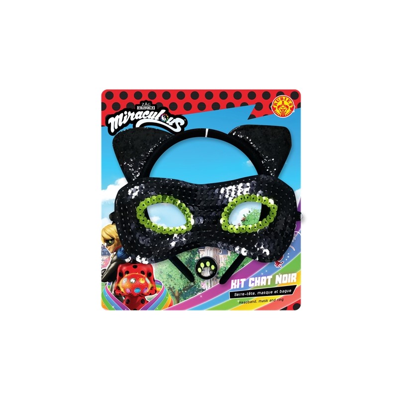 MASQUES OU LOUP PAILLETE + SERRE TETE + BAGUE MIRACULOUS CHAT NOIR