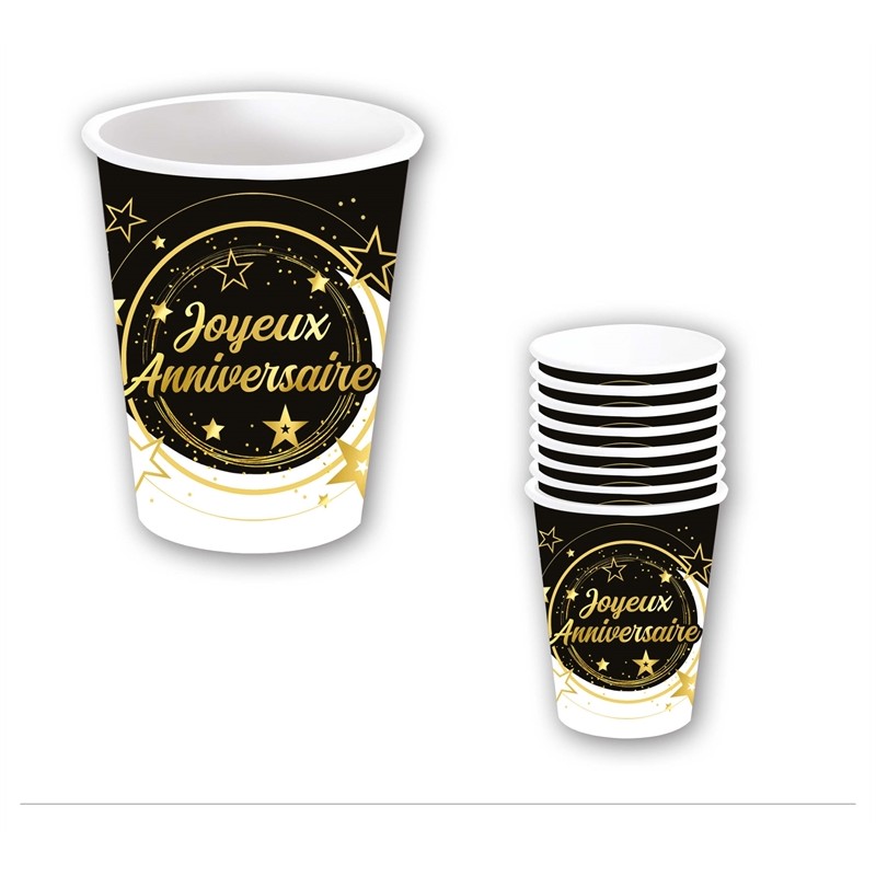 SACHET DE 6 GOBELETS JOYEUX ANNIVERSAIRE NOIR ET OR 