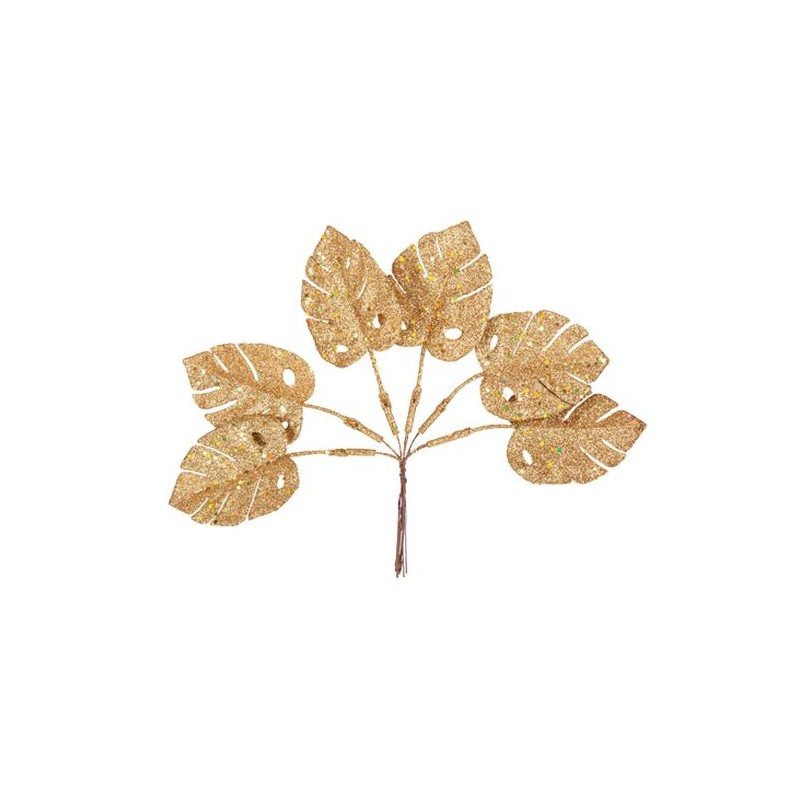 6 FEUILLES DE MONSTERA SUR TIGES PAILLETTES OR ANTIQUE 23 CM 