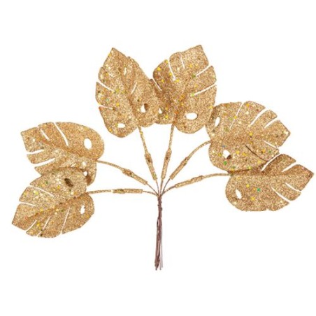 6 FEUILLES DE MONSTERA SUR TIGES PAILLETTES OR ANTIQUE 23 CM 