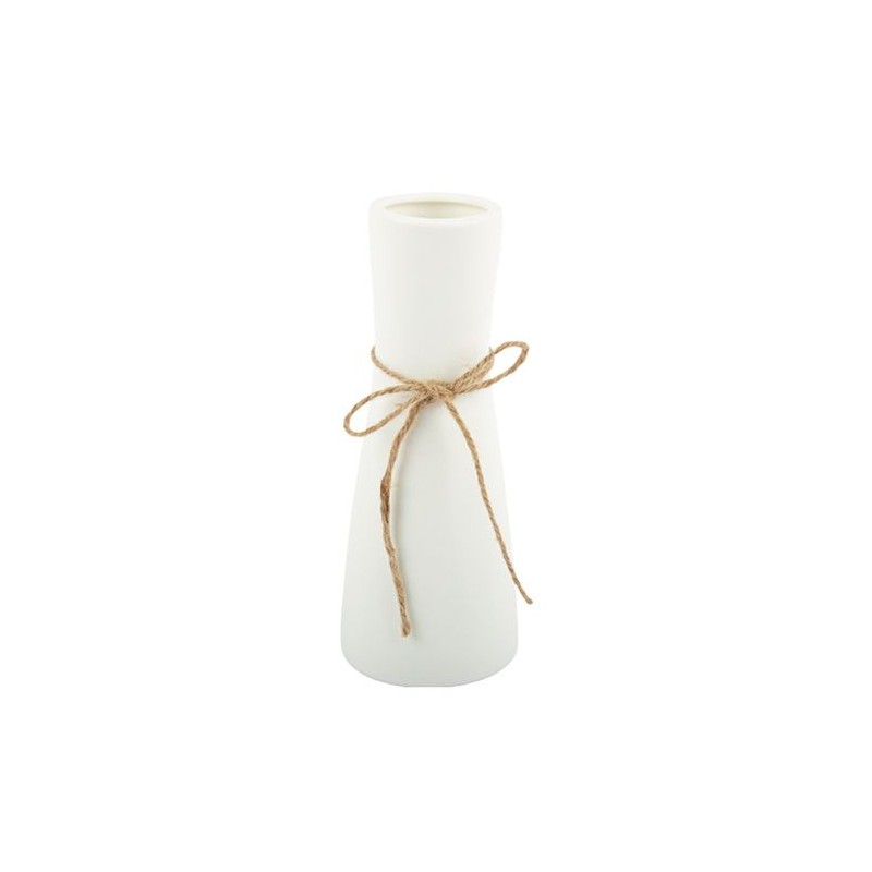 VASE MARCELLE EN CERAMIQUE BLANC MAT ET NOEUD JUTE 22 X 8.5 CM