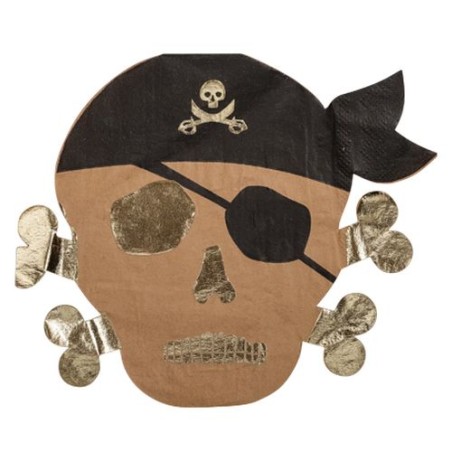 16 SERVIETTES TETE DE PIRATE KRAFT, NOIR ET OR 33 X 26.2 CM 