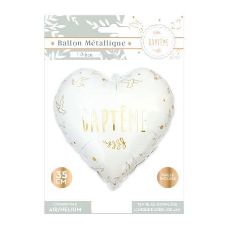 BALLON METALLIQUE COEUR BAPTEME BLANC ET OR 35 CM