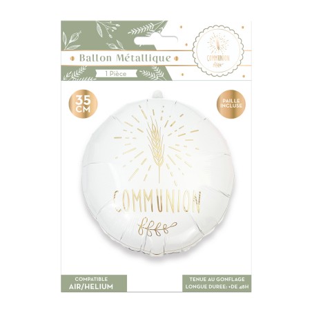 BALLON METALLIQUE COMMUNION BLANC ET OR 35 CM