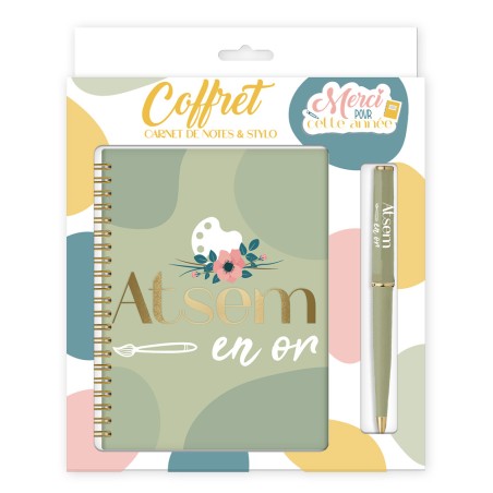 COFFRET CADEAU ATSEM EN OR CARNET DE NOTES ET STYLO