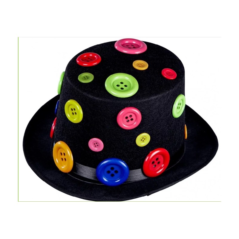 CHAPEAU HAUT DE FORME NOIR AVEC DES BOUTONS MULTICOLORE 