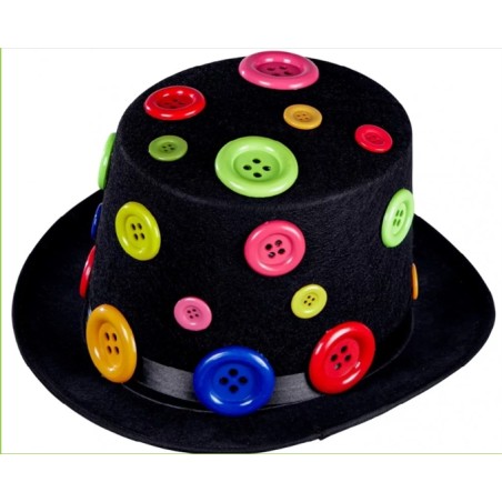 CHAPEAU HAUT DE FORME NOIR AVEC DES BOUTONS MULTICOLORE 