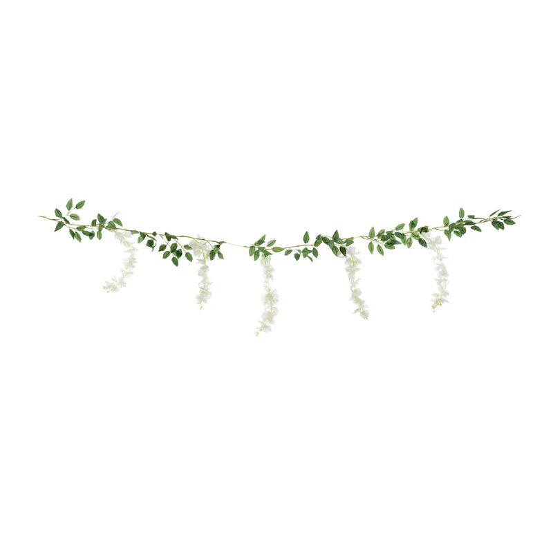 GUIRLANDE DE FEUILLES VERTES AVEC FLEURS BLANCHES 1.70 M