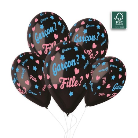 5 BALLONS BIO LATEX GARCON? FILLE? BLEU ROSE ET NOIR 33CM