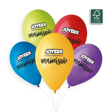 5 BALLONS BIO LATEX JOYEUX ANNIVERSAIRE MULTICOLORES 33CM 