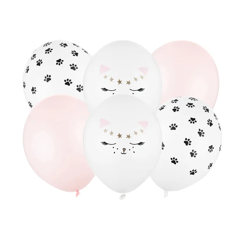 6 BALLONS IMPRIMES CHAT LATEX 11" 30 CM BLANC ET ROSE