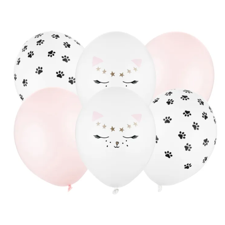 6 BALLONS IMPRIMES CHAT LATEX 11" 30 CM BLANC ET ROSE