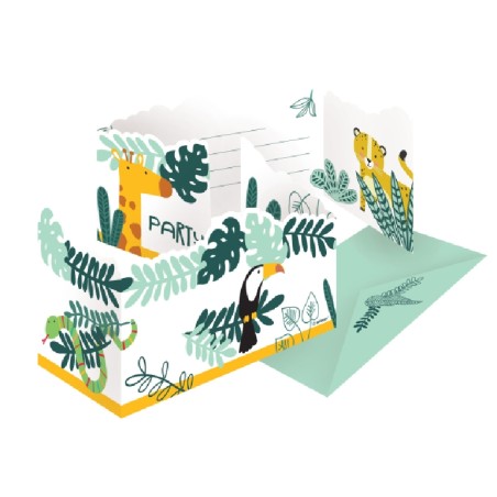 8 INVITATIONS + ENVELOPPES ANIMAUX DE LA JUNGLE GET WILD