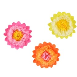 3  POMPOMS FLEUR JAUNE ROSE ET ORANGE 35 CM