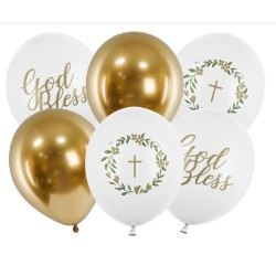 6 BALLONS LATEX COMMUNION BLANC ET OR 30 CM