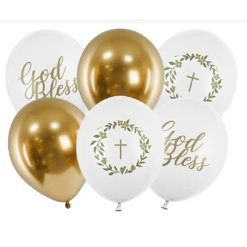 6 BALLONS LATEX COMMUNION BLANC ET OR 30 CM