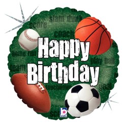 BALLON METALLIQUE ROND  HAPPY BIRTHDAY SPORTS 46 CM