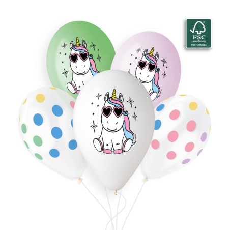 5 BALLONS BIO LATEX LICORNE 30CM 