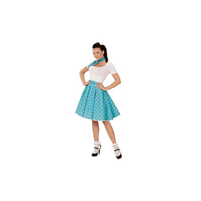 DEGUISEMENT JUPE BLEUE POIS BLANC ANNEE 50 TAILLE UNIQUE + FOULARD