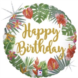 BALLON METALIQUE HAPPY BIRTHDAY FEUILLES ET FLEURS TROPICALES 46 CM