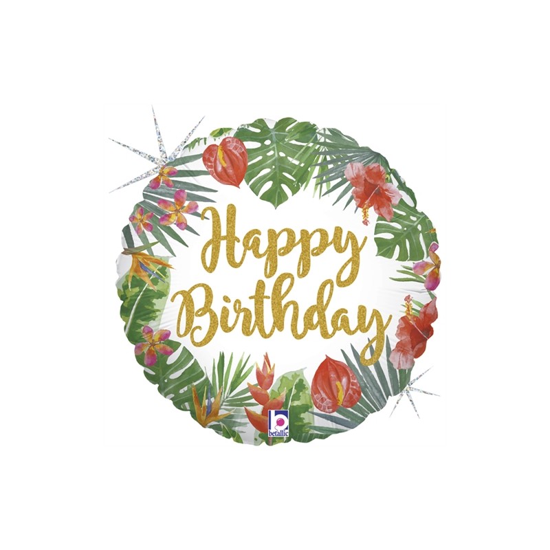 BALLON METALIQUE HAPPY BIRTHDAY FEUILLES ET FLEURS TROPICALES 46 CM