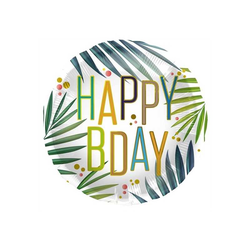 BALLON METALLIQUE ROND 45 CM HAPPY BDAY TROPICAL 