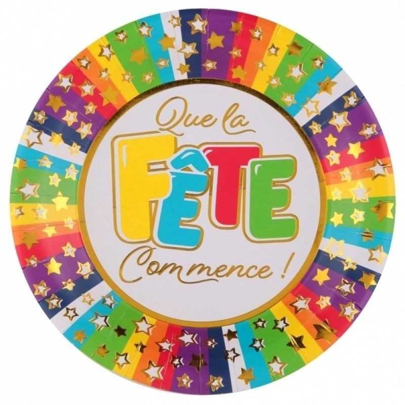 10 ASSIETTES MULTICOLORE QUE LA FETE COMMENCE 23 CM 