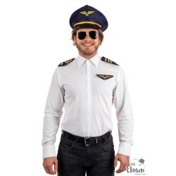 SET PILOTE D'AVION DE LIGNE BLEUE CASQUETTE EPAULETTES INSIGNE ET LUNETTES