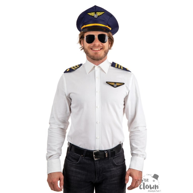 SET PILOTE D'AVION DE LIGNE BLEUE CASQUETTE EPAULETTES INSIGNE ET LUNETTES