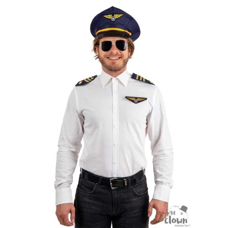 SET PILOTE D'AVION DE LIGNE BLEUE CASQUETTE EPAULETTES INSIGNE ET LUNETTES