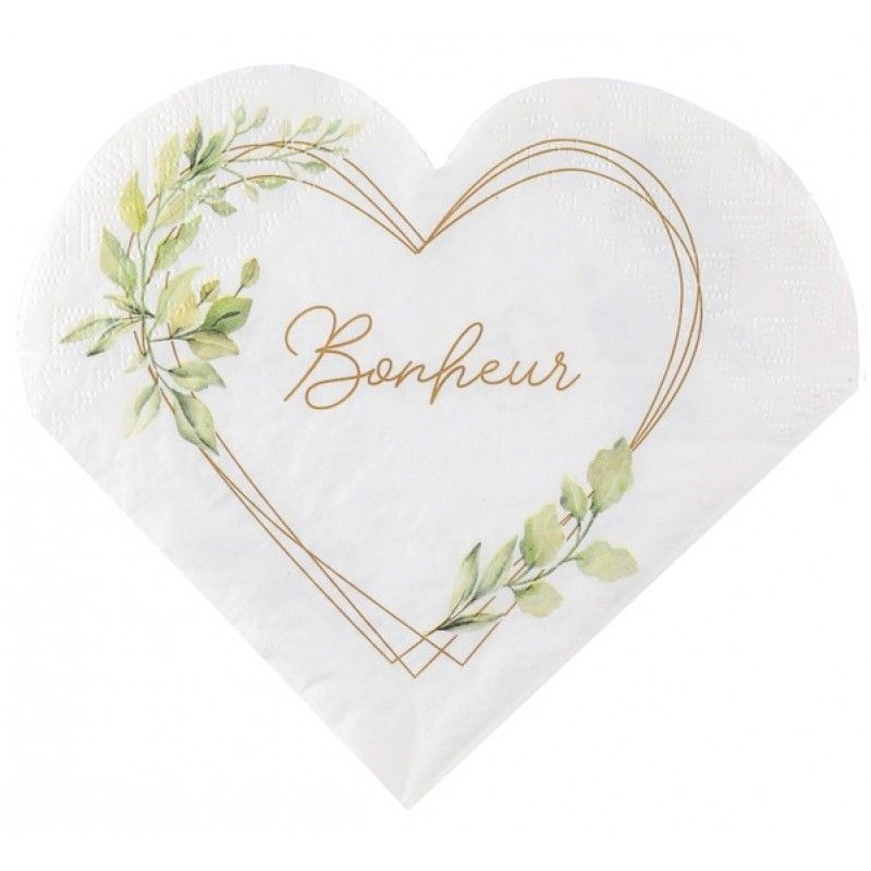 20 SERVIETTES EN FORME DE COEUR AVEC FEUILLES VERTE 