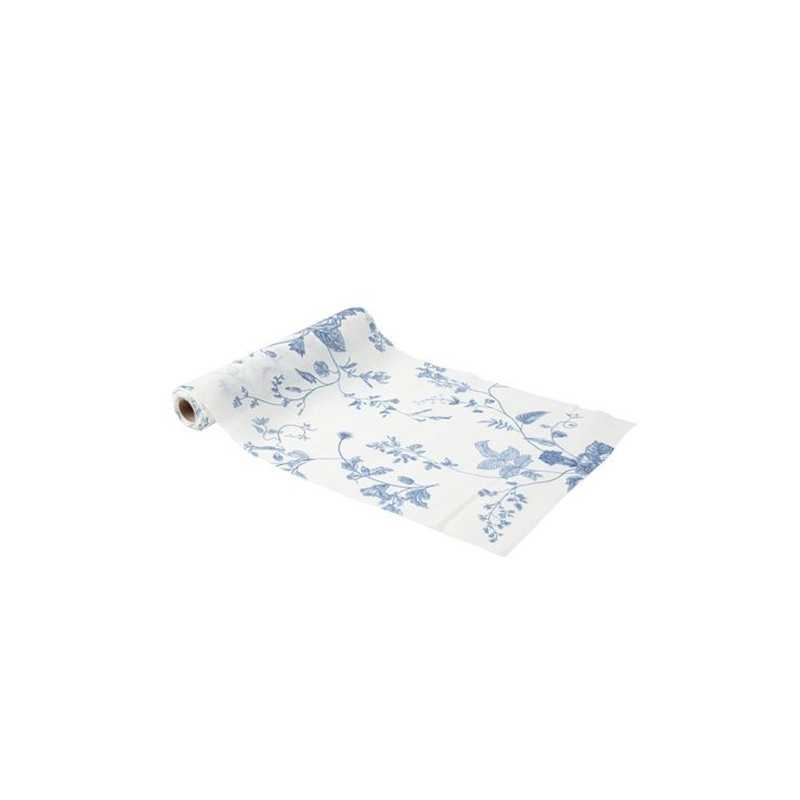 CHEMIN DE TABLE AVEC FLEURS BLEU ET OR 28 CM X 3 M 