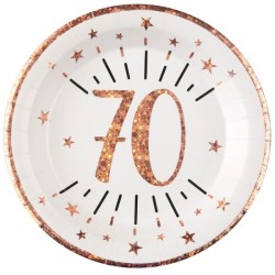 10 ASSIETTES ROND ETINCELANT METAL BLANC 70 ANS ROSE GOLD