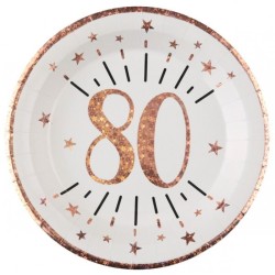 10 ASSIETTES ROND ETINCELANT METAL BLANC 80 ANS ROSE GOLD