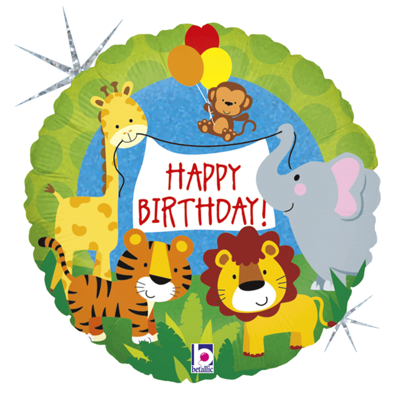 BALLON METALLIQUE ROND 46 CM HAPPY BIRTHDAY ANIMAUX DE LA SAVANE 